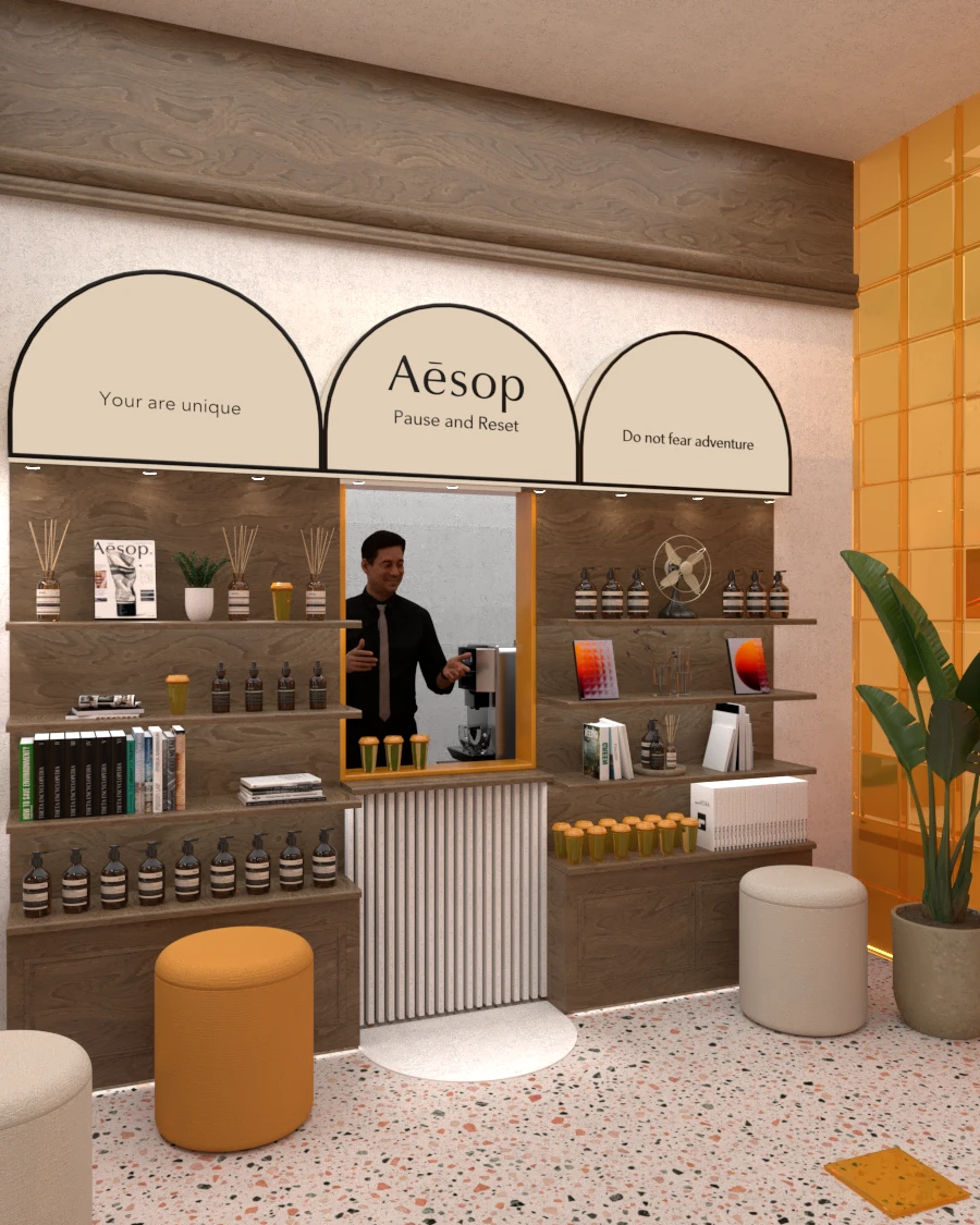 Warm café interior with books and coffee station