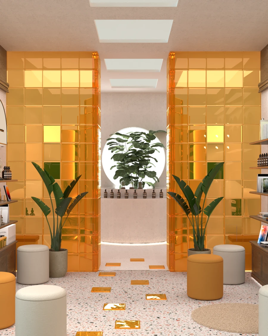 Amber partitions leading towards the spa