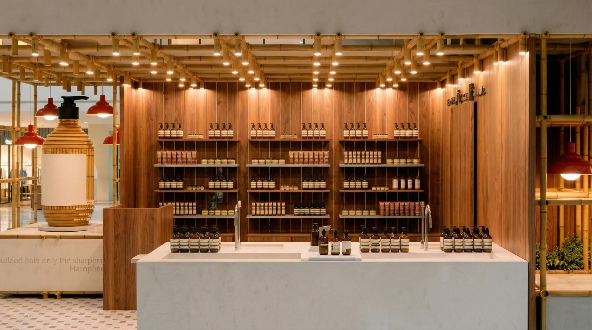 Close view of the counter, bamboo structure and warm timber displays