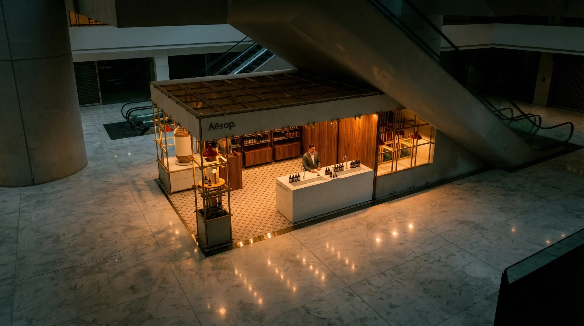 Elevated evening view of the pavilion and its spatial arrangement