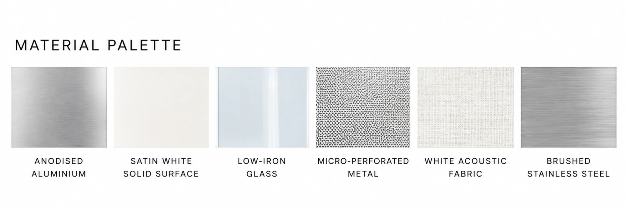 Research palette of aluminium, white surfaces, glass, perforated metal, fabric and steel