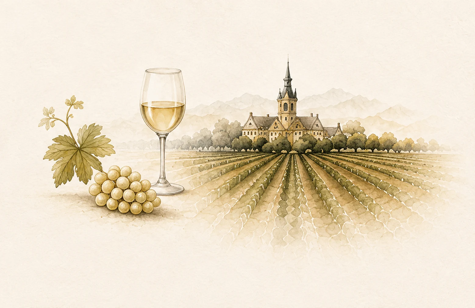 Alsace illustration with vineyards, village and wine