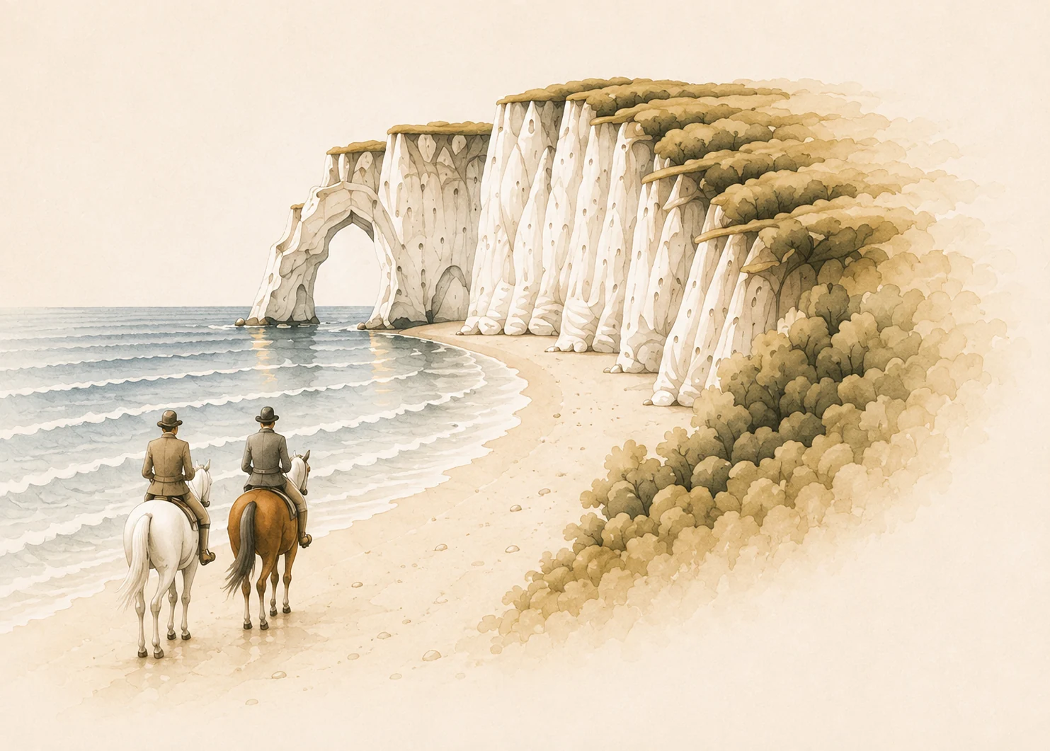 Normandy illustration of Étretat cliffs and horse riders