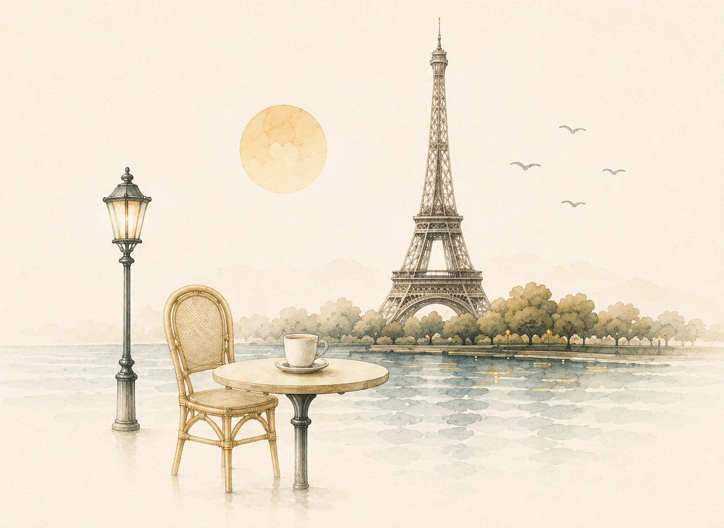 Paris illustration with Eiffel Tower and café table