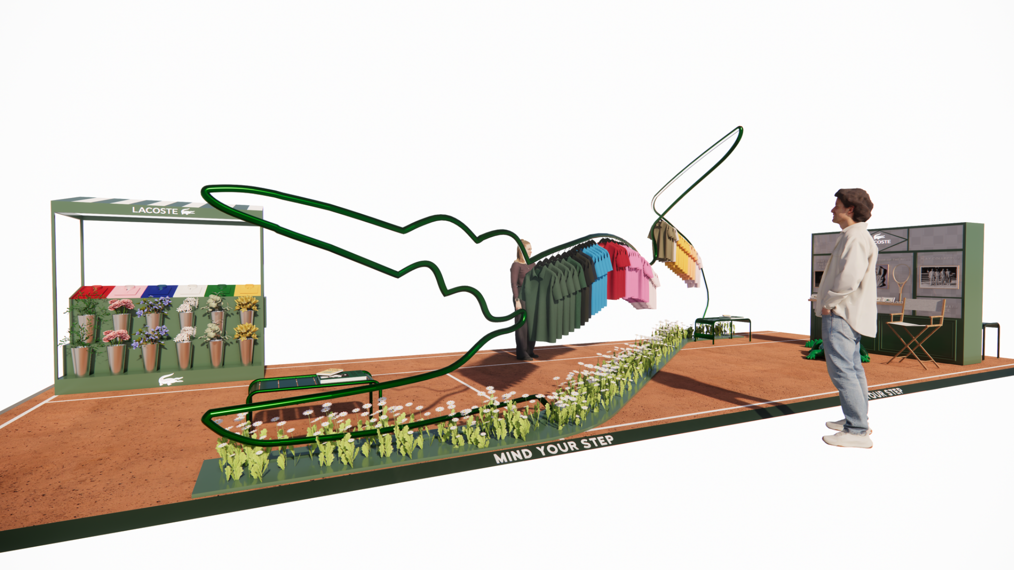 Design development view of the spring pop up showing the flower kiosk, crocodile display and heritage wall