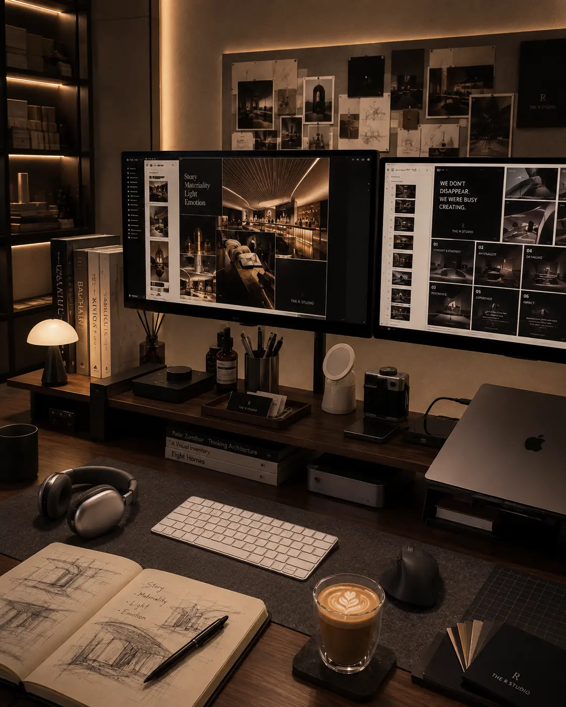 The R Studio workspace with design presentations, sketches and material samples
