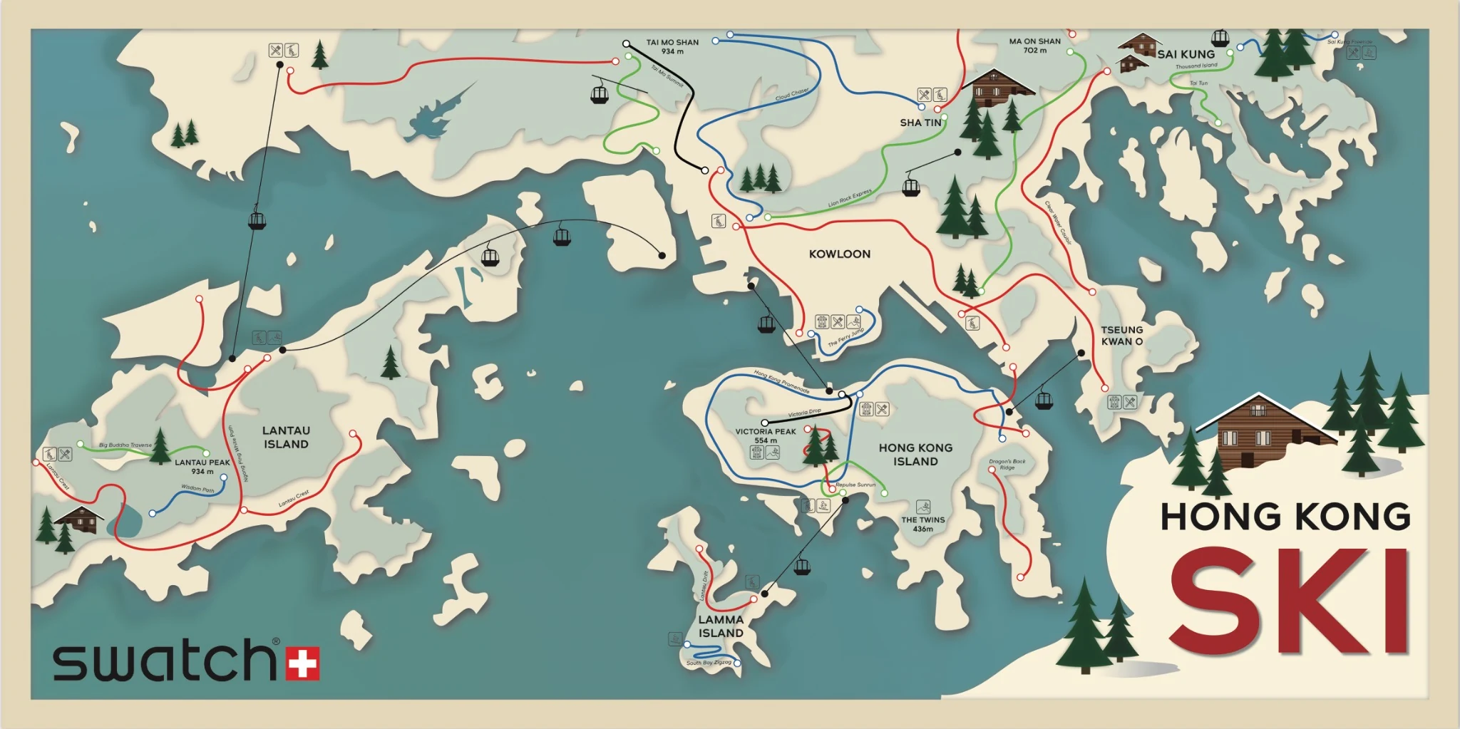 Original Hong Kong ski map artwork with local landmarks reimagined as ski destinations