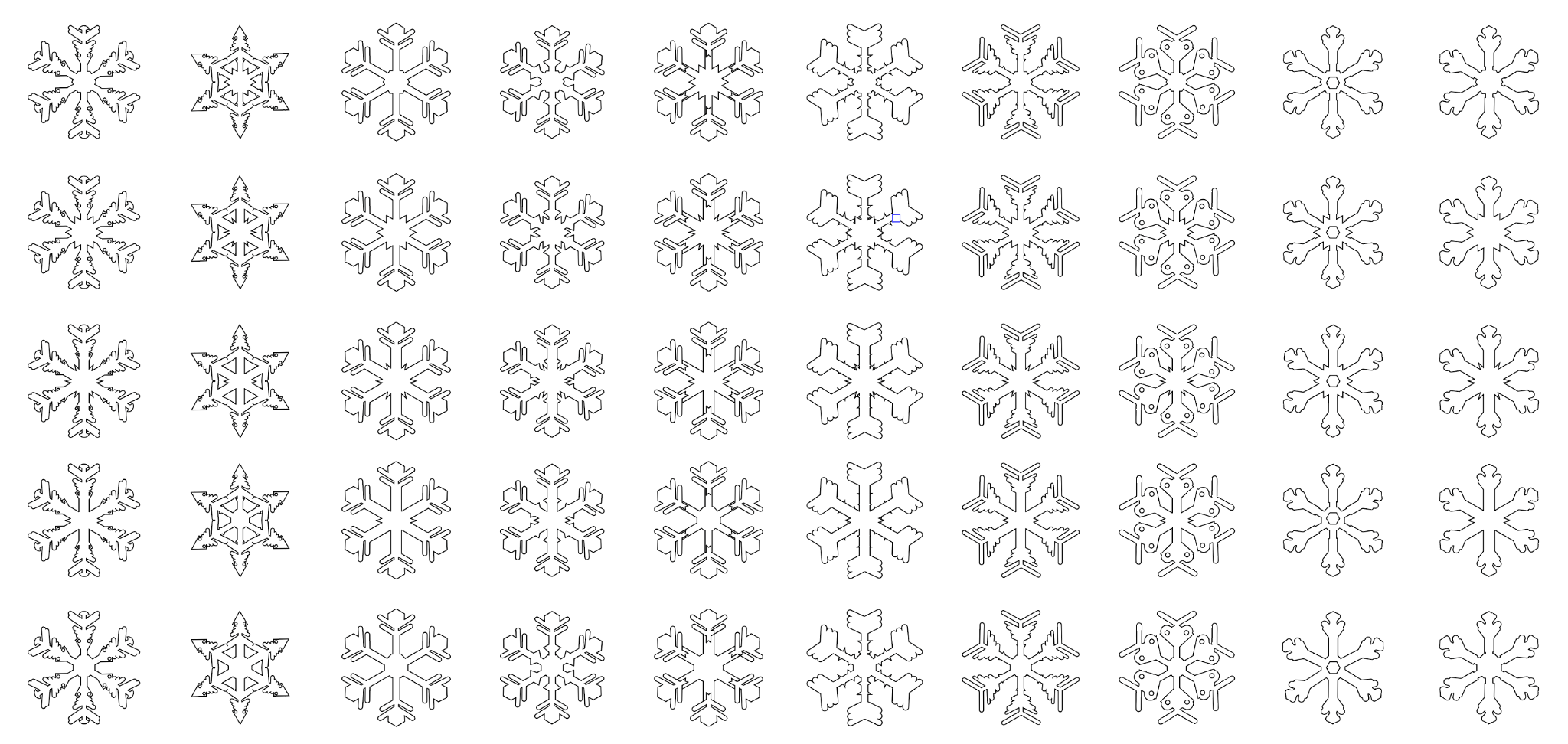 Fifty snowflake variations from the original design study